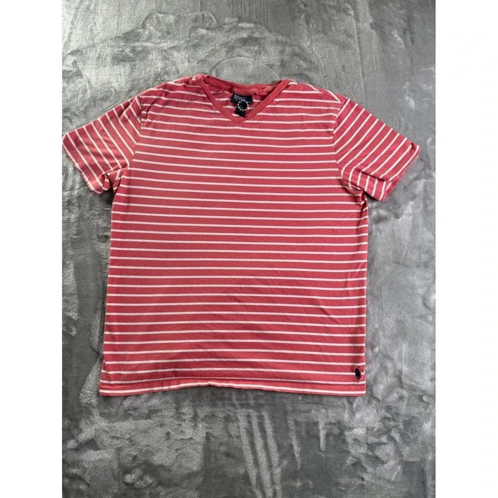 Polo Ralph Lauren Men's V-Neck T-Shirt Large Red White Striped Cotton Pony Logo